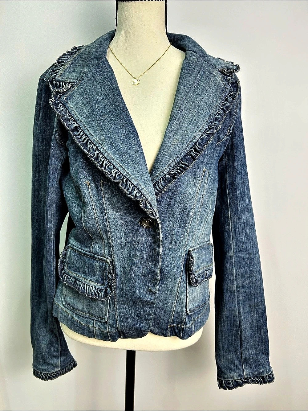 INC International Concepts Ruffled Denim Jacket Blue Fitted- Large